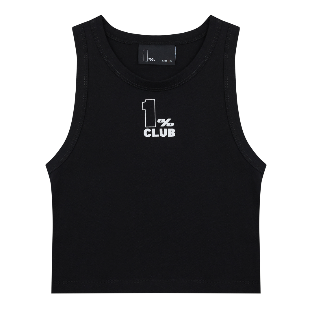 A black cropped 1% racer top with a minimalist streetwear design, displayed against a transparent background. The tank top features a bold white graphic on the centre chest, with the text '1% CLUB' in a modern, stylised font. The sleeveless design, round neckline, and form-fitting cut make it ideal for athleisure, activewear, and casual urban fashion. The high-quality fabric and sleek aesthetic create a versatile wardrobe piece for layering or standalone wear.