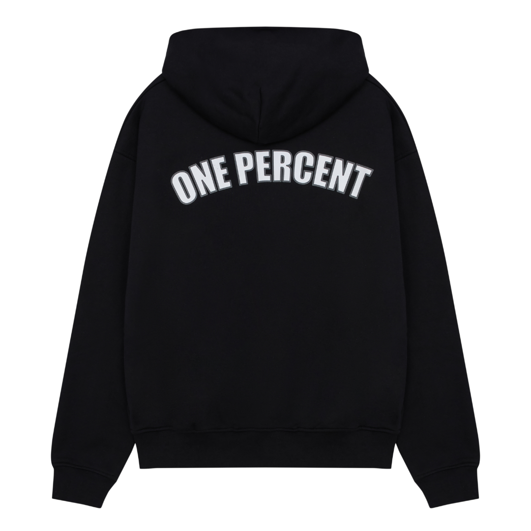 A black oversized hoodie with a bold arched text design on the back that reads 'ONE PERCENT' in black, capitalised letters. The hoodie features a relaxed fit with a spacious hood, ribbed cuffs, and a ribbed hem, embodying a modern streetwear aesthetic. The neutral colour and minimalist design make it versatile for casual wear, urban fashion, and athleisure. The premium fabric and clean construction suggest high-quality craftsmanship, ideal for those seeking stylish and comfortable apparel.