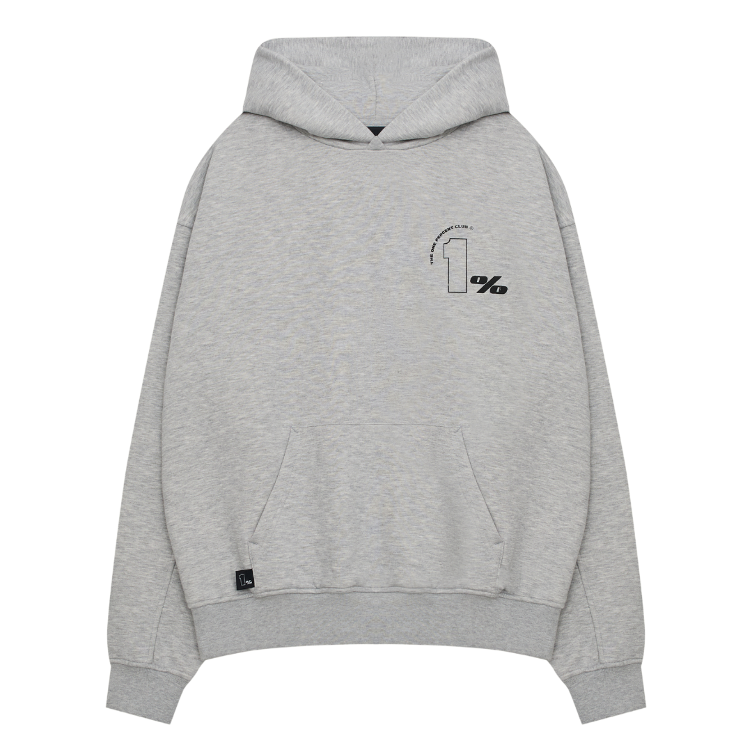 A grey oversized hoodie with a minimalist streetwear design is displayed against a transparent background. The hoodie features a small white graphic on the upper left chest area, with the text '1%' and an arched phrase that reads 'THE ONE PERCENT CLUB.' The hoodie has a spacious front pocket, ribbed cuffs, and a drawstring hood, offering a relaxed and comfortable fit. The clean, modern aesthetic makes it ideal for casual wear, urban fashion, and high-quality streetwear apparel.