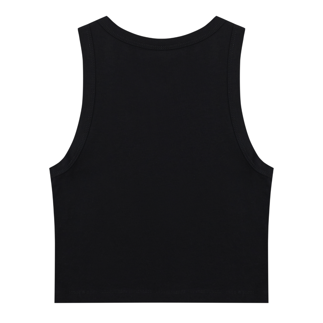 The back of a black cropped 1% racer top with a minimalist streetwear design, displayed against a transparent background. The sleeveless design, round neckline, and form-fitting cut make it ideal for athleisure, activewear, and casual urban fashion. The high-quality fabric and sleek aesthetic create a versatile wardrobe piece for layering or standalone wear.
