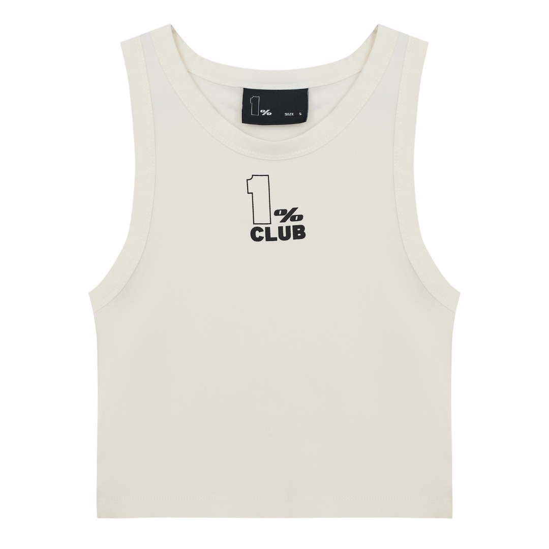 An off-white cropped 1% racer top with a minimalist streetwear design, displayed against a transparent background. The tank top features a bold white graphic on the centre chest, with the text '1% CLUB' in a modern, stylised font. The sleeveless design, round neckline, and form-fitting cut make it ideal for athleisure, activewear, and casual urban fashion. The high-quality fabric and sleek aesthetic create a versatile wardrobe piece for layering or standalone wear.