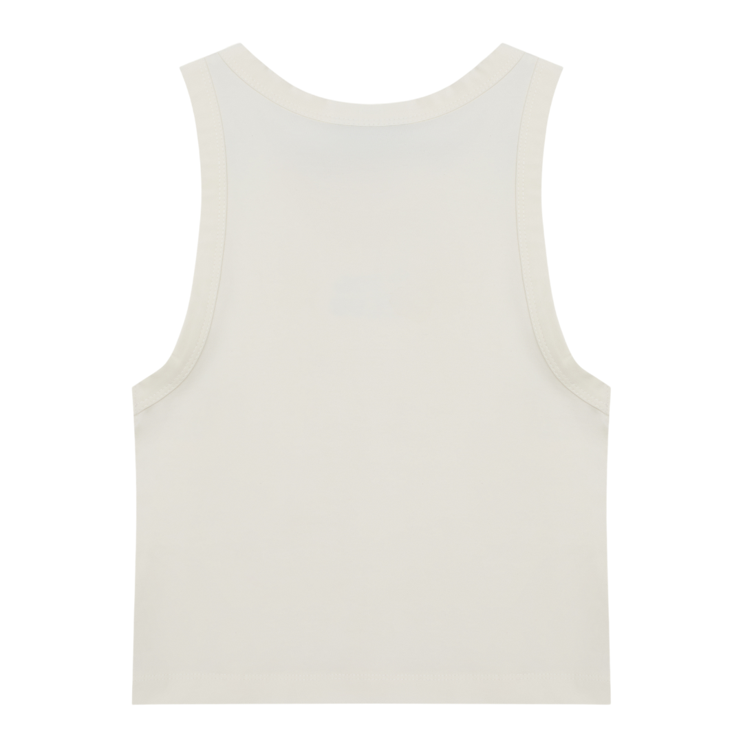 the back of an off-white cropped 1% racer top with a minimalist streetwear design, displayed against a transparent background. The sleeveless design, round neckline, and form-fitting cut make it ideal for athleisure, activewear, and casual urban fashion. The high-quality fabric and sleek aesthetic create a versatile wardrobe piece for layering or standalone wear.