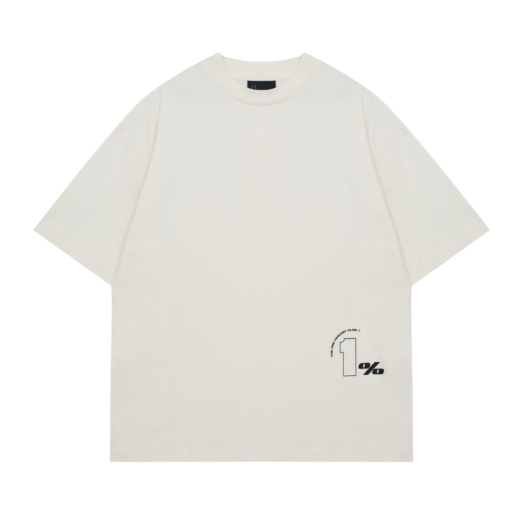 An off-white 1% club oversized t-shirt with a minimalist streetwear design, displayed against a transparent background. The t-shirt features a small black graphic on the lower right side, with the text '1%' and an arched phrase that reads 'THE ONE PERCENT CLUB.' The relaxed fit, dropped shoulders, and premium fabric create a modern and stylish silhouette. The clean aesthetic and neutral colour make it versatile for casual wear, high-end street fashion, and luxury minimalist apparel.