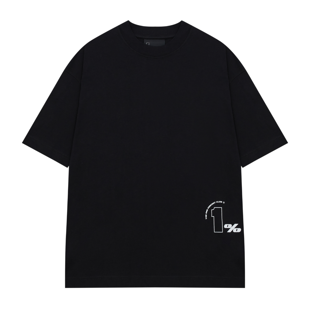 A black 1% club oversized t-shirt with a minimalist streetwear design, displayed against a transparent background. The t-shirt features a small black graphic on the lower right side, with the text '1%' and an arched phrase that reads 'THE ONE PERCENT CLUB.' The relaxed fit, dropped shoulders, and premium fabric create a modern and stylish silhouette. The clean aesthetic and neutral colour make it versatile for casual wear, high-end street fashion, and luxury minimalist apparel.