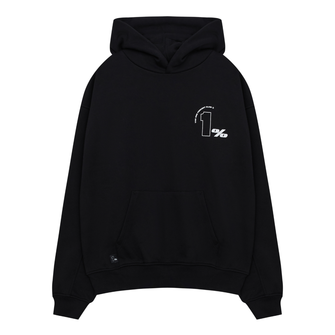 A black oversized hoodie with a minimalist streetwear design is displayed against a transparent background. The hoodie features a small white graphic on the upper left chest area, with the text '1%' and an arched phrase that reads 'THE ONE PERCENT CLUB.' The hoodie has a spacious front pocket, ribbed cuffs, and a drawstring hood, offering a relaxed and comfortable fit. The clean, modern aesthetic makes it ideal for casual wear, urban fashion, and high-quality streetwear apparel.